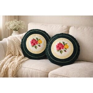 Vintage Needlepoint Round Pillows Set Floral Velvet Ruffle Cottage Decor